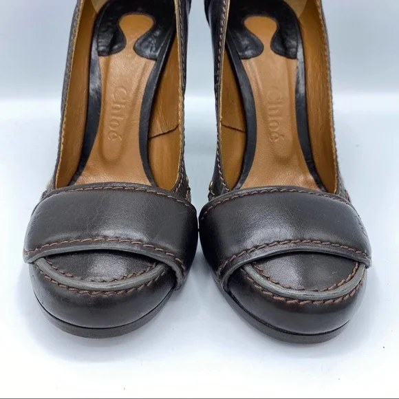 Chloe Brown Leather Round Toe Pumps Heels - Picture 4 of 14